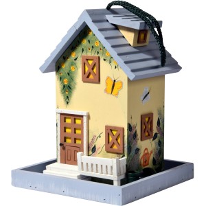 Buntes Vogelfutterhaus aus Holz mit liebevollen Details und Kordel zum Aufhängen.