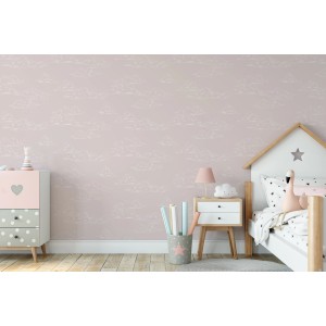 Rosa Vliestapete mit Vintage Wolkenmuster für Kinderzimmer.