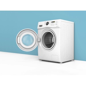 Weiße Waschmaschine mit offener Tür, stehend auf Schwingungsdämpfern. Zubehör für Waschmaschinen.