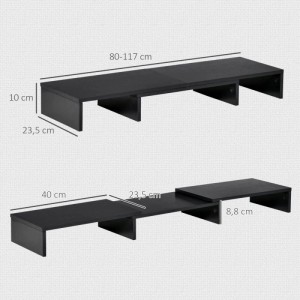Schwarzer Vinsetto Monitorständer, verstellbar in Länge & Winkel (80-117 cm). Zeigt Maße und flexible Nutzung.
