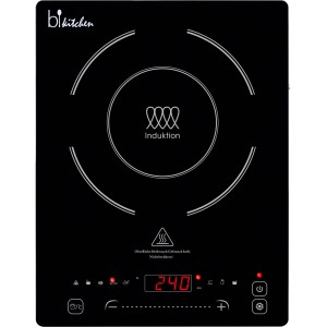 Schwarze BiKitchen Induktionskochplatte cook 400 mit Touch-Bedienfeld und digitaler Anzeige.