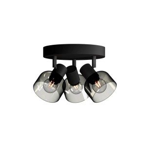 Runder schwarzer Philips Spot Sleet Deckenstrahler mit 3 schwenkbaren E14-Fassungen und Rauchglas-Schirmen. Modernes Design.