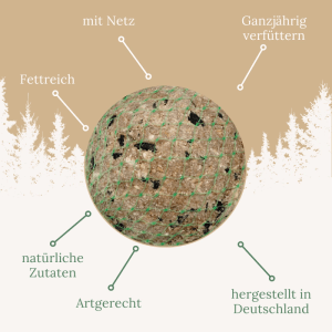 Orni Riesenmeisenknödel im grünen Netz für Wildvögel, mit Sonnenblumenkernen, energiereich, ganzjährig.
