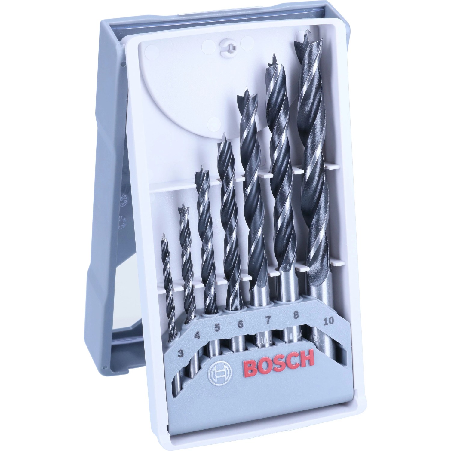 Bosch Holzbohrer-Set Pro, 7-teilig, in offenem grau-weißem Koffer. Verschiedene Holzspiralbohrer für präzise Bohrungen.