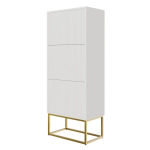 Weißer Selsey Schuhschrank Veldio mit Rillenfront, drei Klappfächern und goldfarbenem Gestell, 50 cm breit.