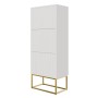Weißer Selsey Schuhschrank Veldio mit Rillenfront, drei Klappfächern und goldfarbenem Gestell, 50 cm breit.