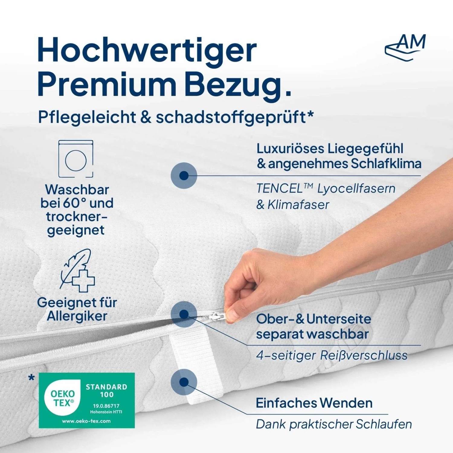 Detailaufnahme: AM Qualitätsmatratze mit abnehmbarem Bezug und Reißverschluss.