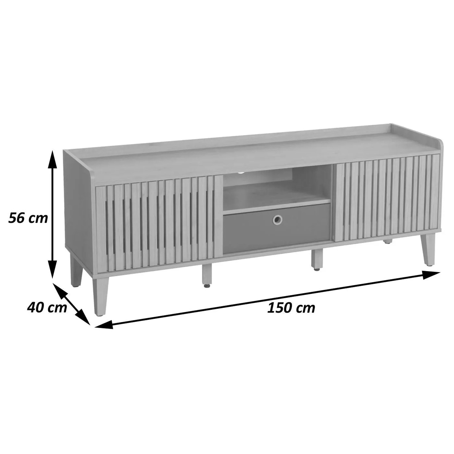 Beiges TV-Rack M48 mit grauer Schublade, Schiebetüren, 3 Fächern. Maße: 56x150x40cm. Moderner TV-Schrank.