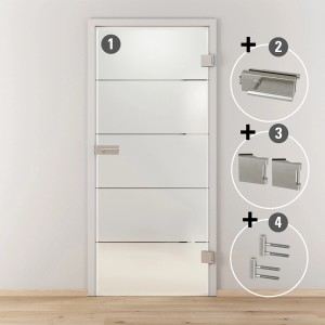 Novadoors Glastür-Set Nova 503 mit satiniertem Glas, Edelstahl-Optik, Schlosskasten und Griffen.