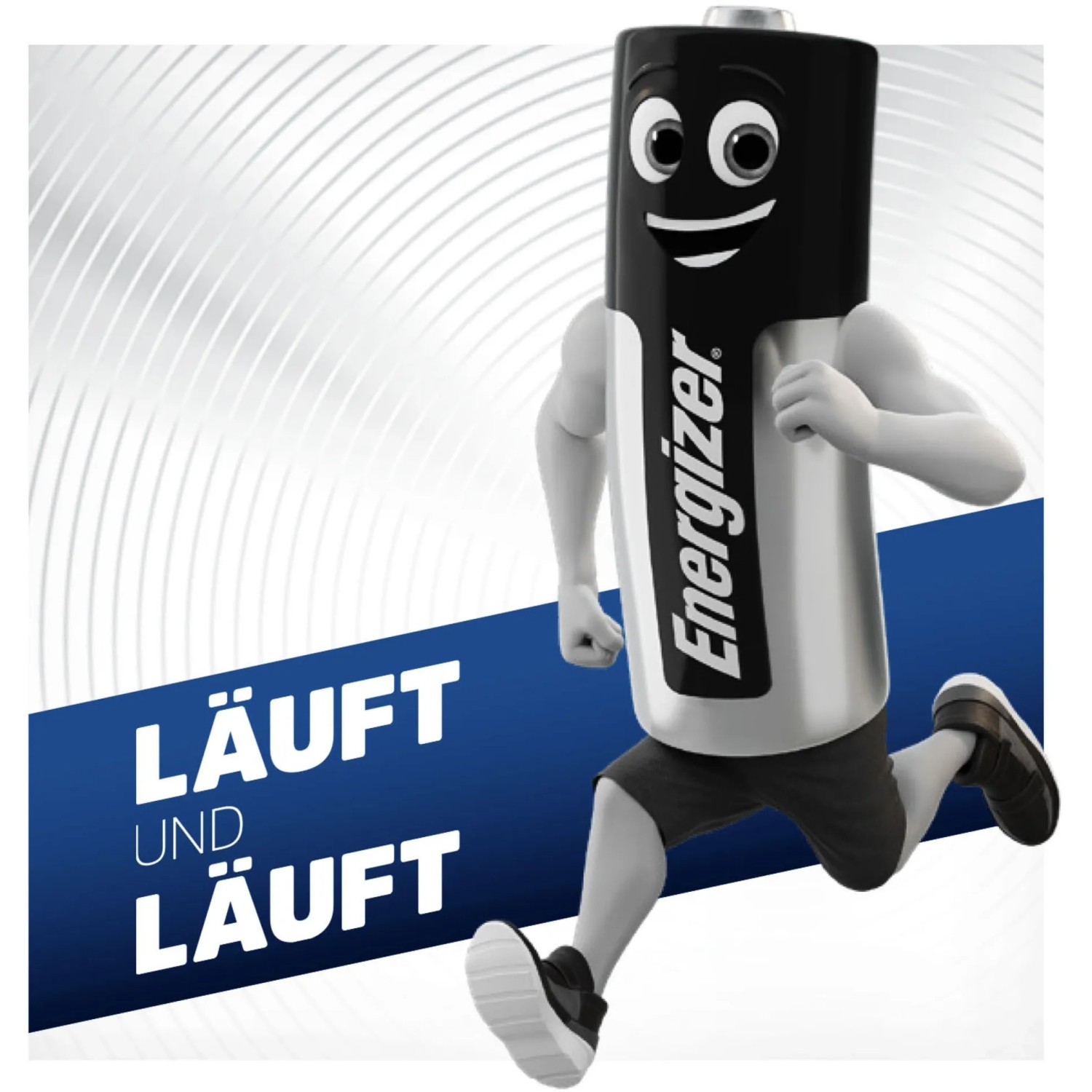 Energizer CR2 Lithium Fotobatterie, 2 Stück, als Comicfigur beim Laufen dargestellt.