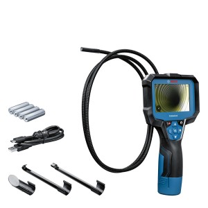 Bosch GIC 12V-4-23 C Inspektionskamera mit Zubehör wie Haken, Magnet und USB-Kabel.