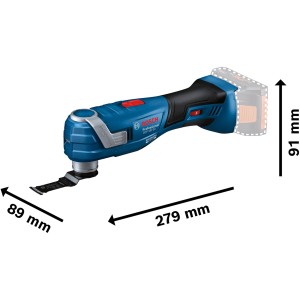 Bosch Professional GOP 18V-34 Multi-Cutter in Blau/Schwarz mit Zubehör und Maßangaben.