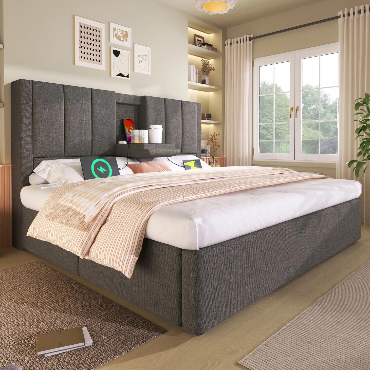 okwish Polsterbett 140x190cm mit Becherhalter Kinderzimmer Grau ohne Matratze_2