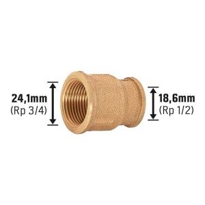 Gewinde-Reduziermuffe aus Rotguss, 18,6 mm (Rp 1/2) x 24,1 mm (Rp 3/4) für Sanitär- und Heizungsinstallation.