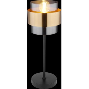 Globo Tischleuchte Milley, schwarz matt, mit Glas-Schirm und Messingring. Design-Tischlampe für Wohnräume.