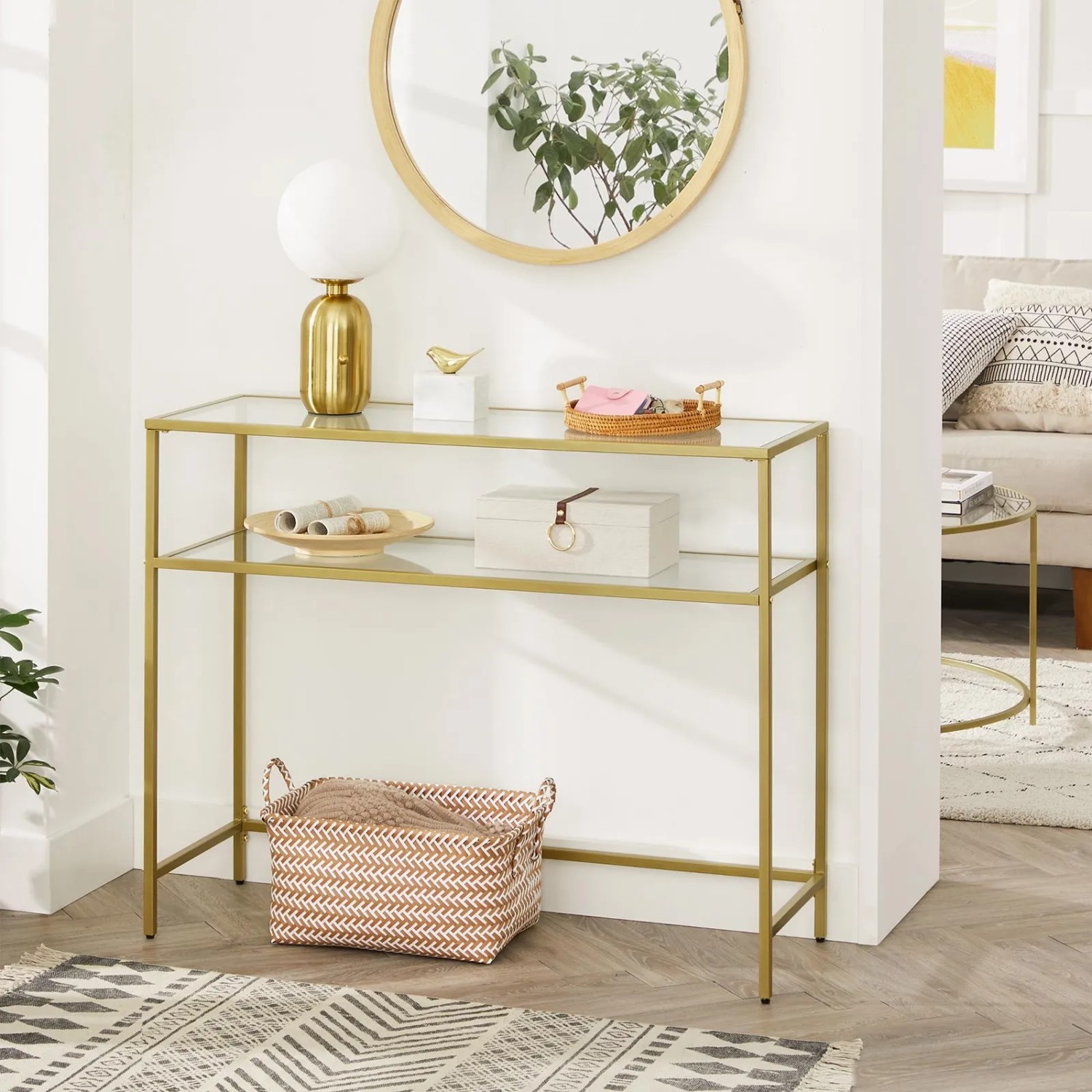 Vasagle Konsolentisch mit 2 Glasablagen und goldenem Metallrahmen. Dekoratives Möbelstück.
