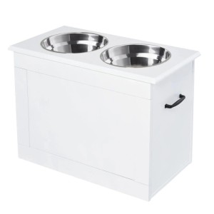 Weißer PawHut Fressnapf mit zwei Edelstahlnäpfen und Stauraum. Erhöhter Futterspender für Katzen und Hunde.