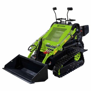 Zipper Minikompaktlader ZI-MKL720 in Grün-Schwarz mit Schaufel und Kettenantrieb für Baustellen.