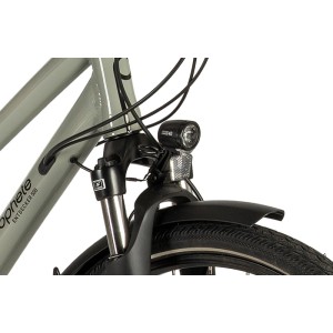 Detailaufnahme: Graues Prophete Entdecker 500 Trekkingrad mit Federgabel und 40 Lux LED-Beleuchtung.