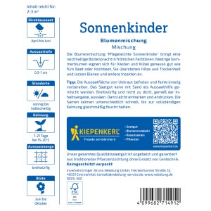 Kiepenkerl Saatgut Sonnenkinder Blumenmischung, Packung mit Infos zu Aussaat und Blütezeit.