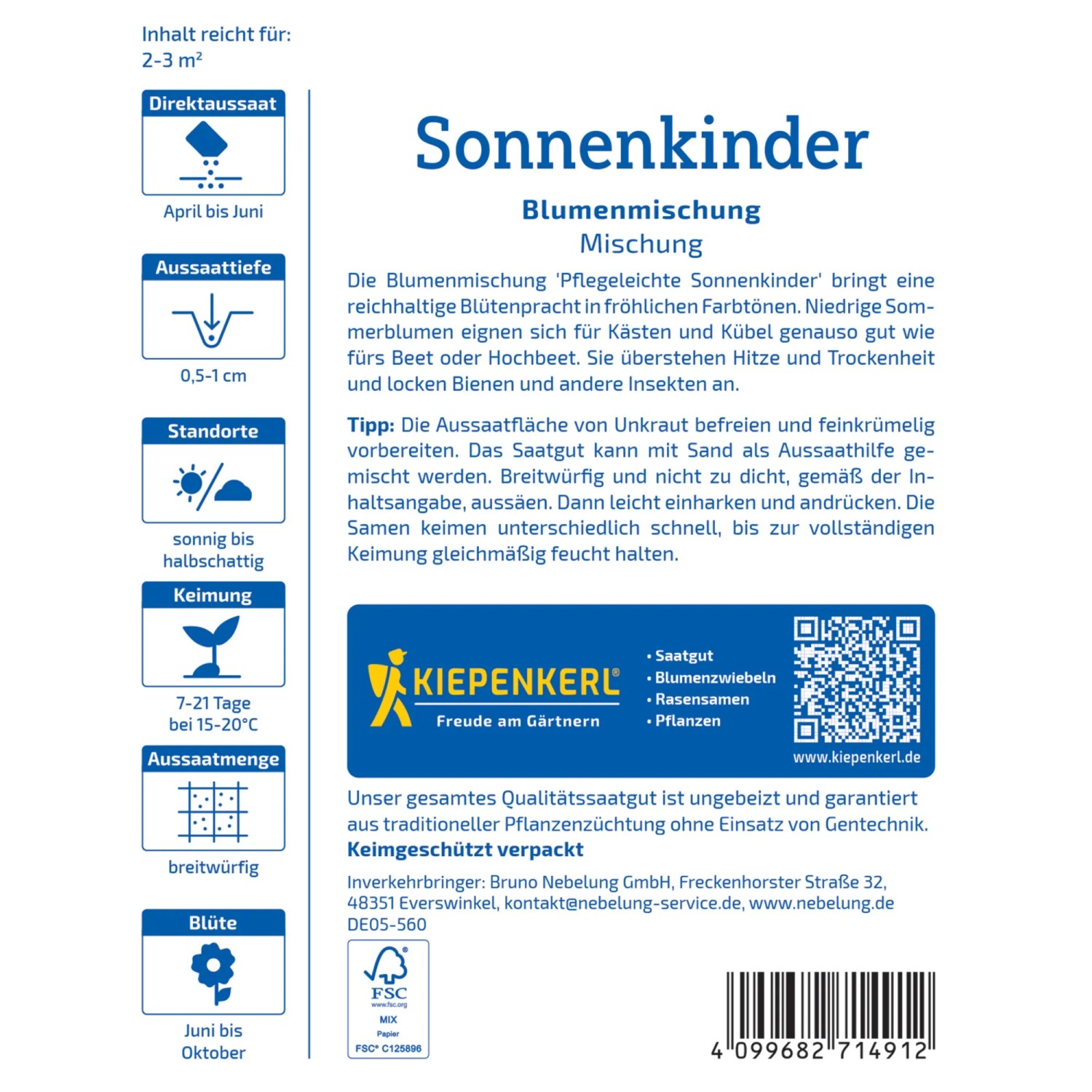 Kiepenkerl Saatgut Sonnenkinder Blumenmischung, Packung mit Infos zu Aussaat und Blütezeit.