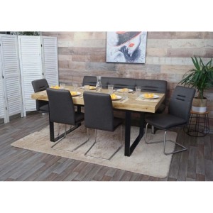 Esszimmer-Set mit Esstisch, Bank und 4 Stühlen in Grau-Braun, 180 cm breit.