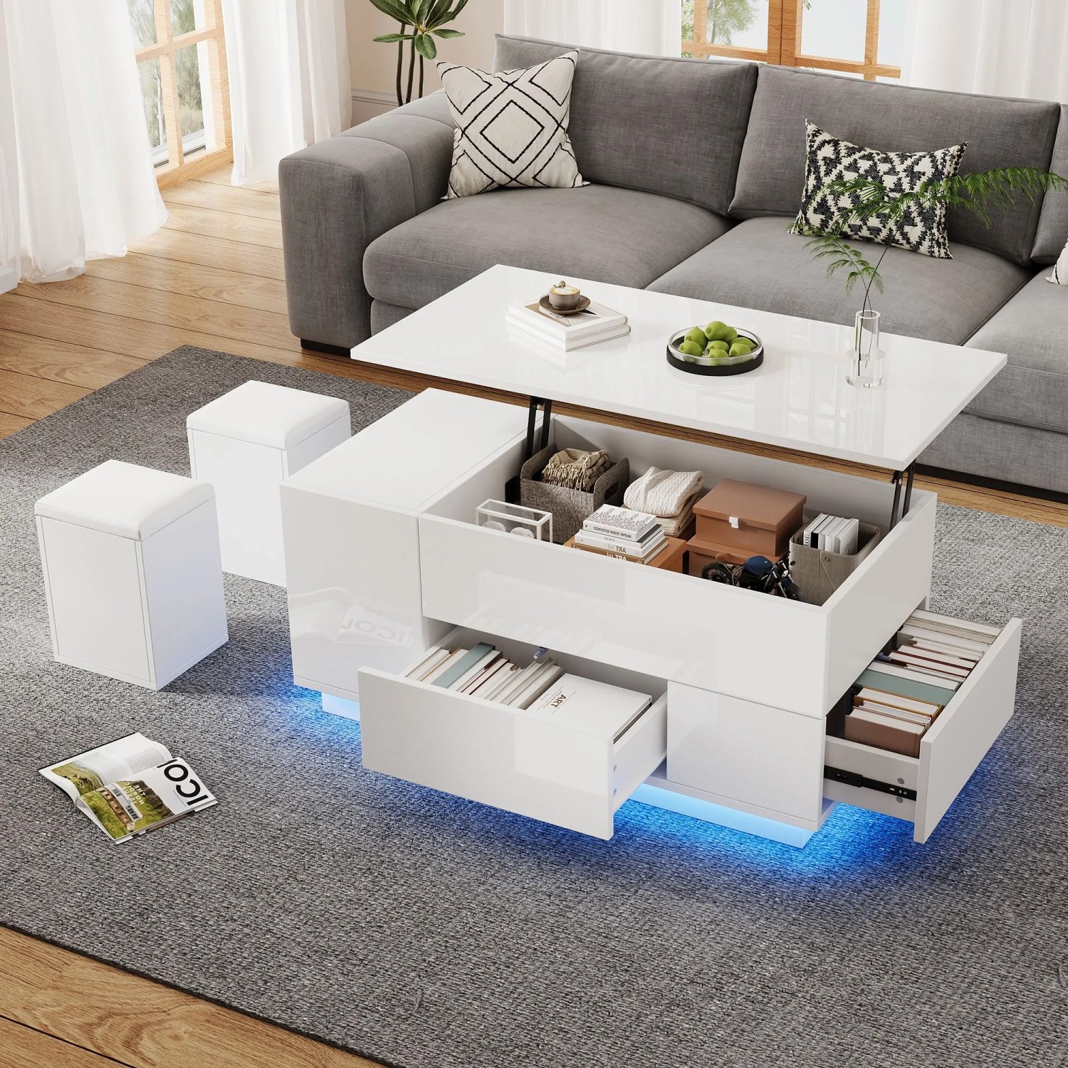 Merax Couchtisch Höhenverstellbar mit LED 2 Schubladen 2 Hocker Stauraum Weiß kaufen bei OBI