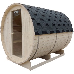 Home Deluxe Fasssauna Lahti Deluxe XL mit Ofen, aus Fichtenholz mit Glastür und Bitumendach.