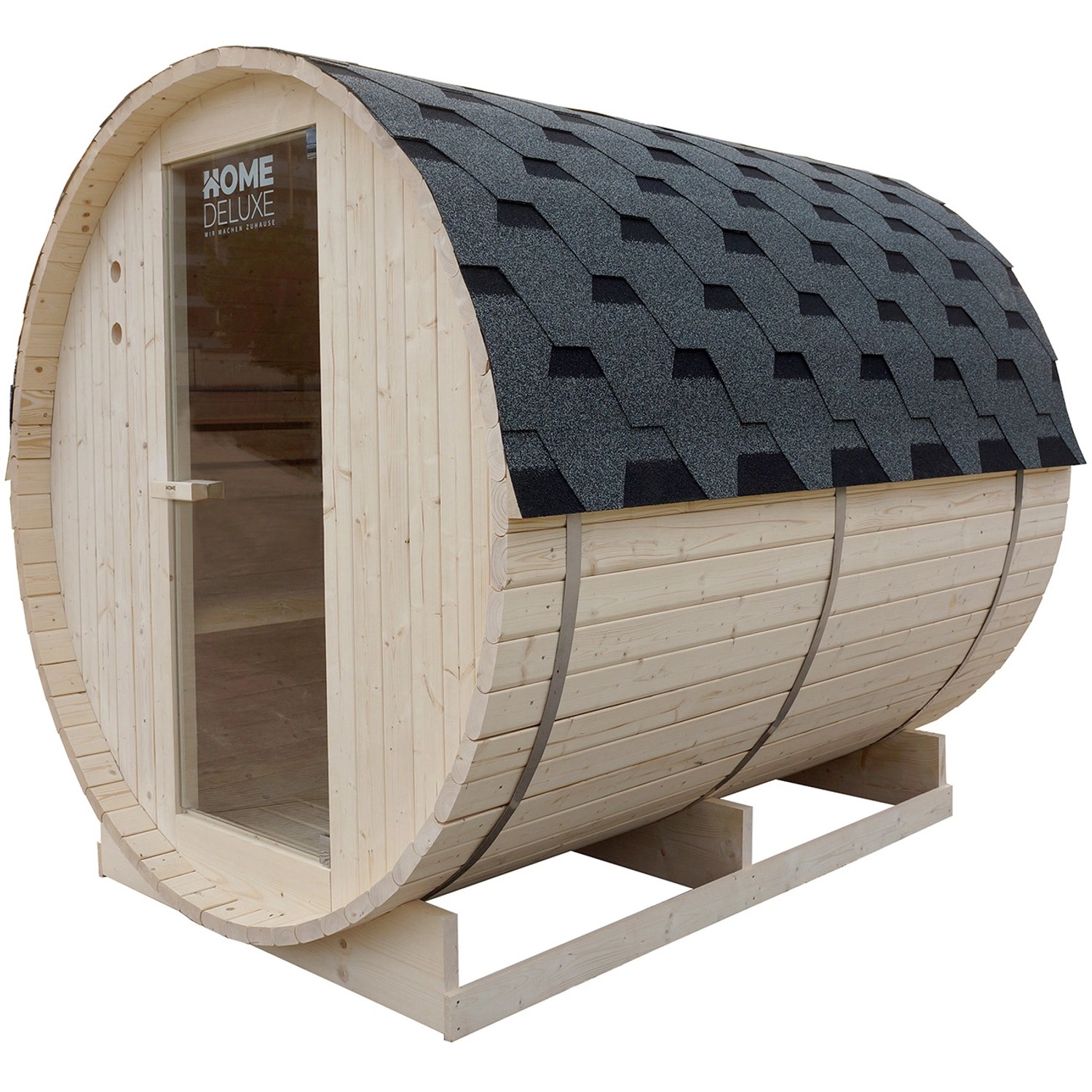 Home Deluxe Fasssauna Lahti Deluxe XL mit Ofen, aus Fichtenholz mit Glastür und Bitumendach.
