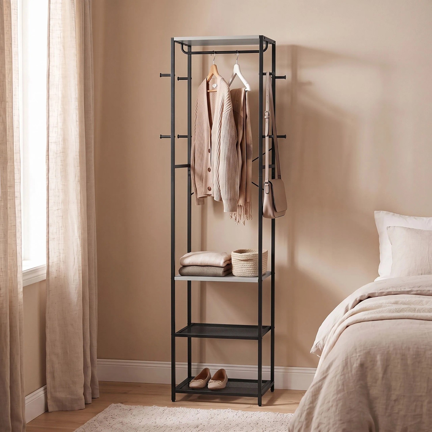 Relaxdays Garderobenständer MDF Eisen Schwarz-Grau Schmal mit 8 Haken 4 Ablagen Kleiderstange 181 cm x 40 cm x 28 cm 5,6 kg kaufen bei OBI