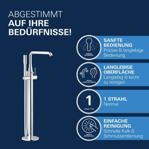 Grohe Essence Wannenbatterie, Bodenmontage, Chrom. Freistehende Armatur mit Handbrause und Schlauch.