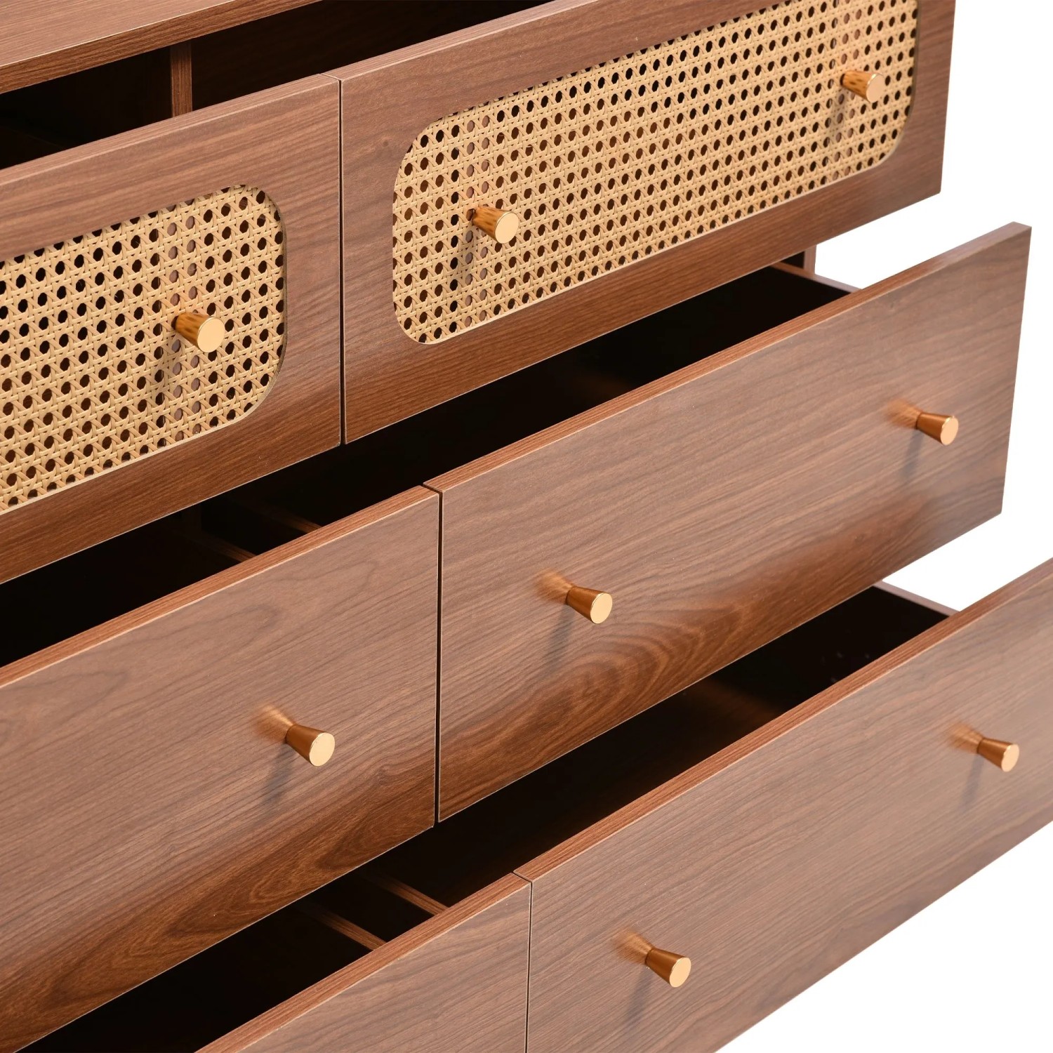 okwish Kommode mit Schubladen Rattan Sideboard Schlafzimmer Wohnzimmer 90x120x40cm Nussbaum_10