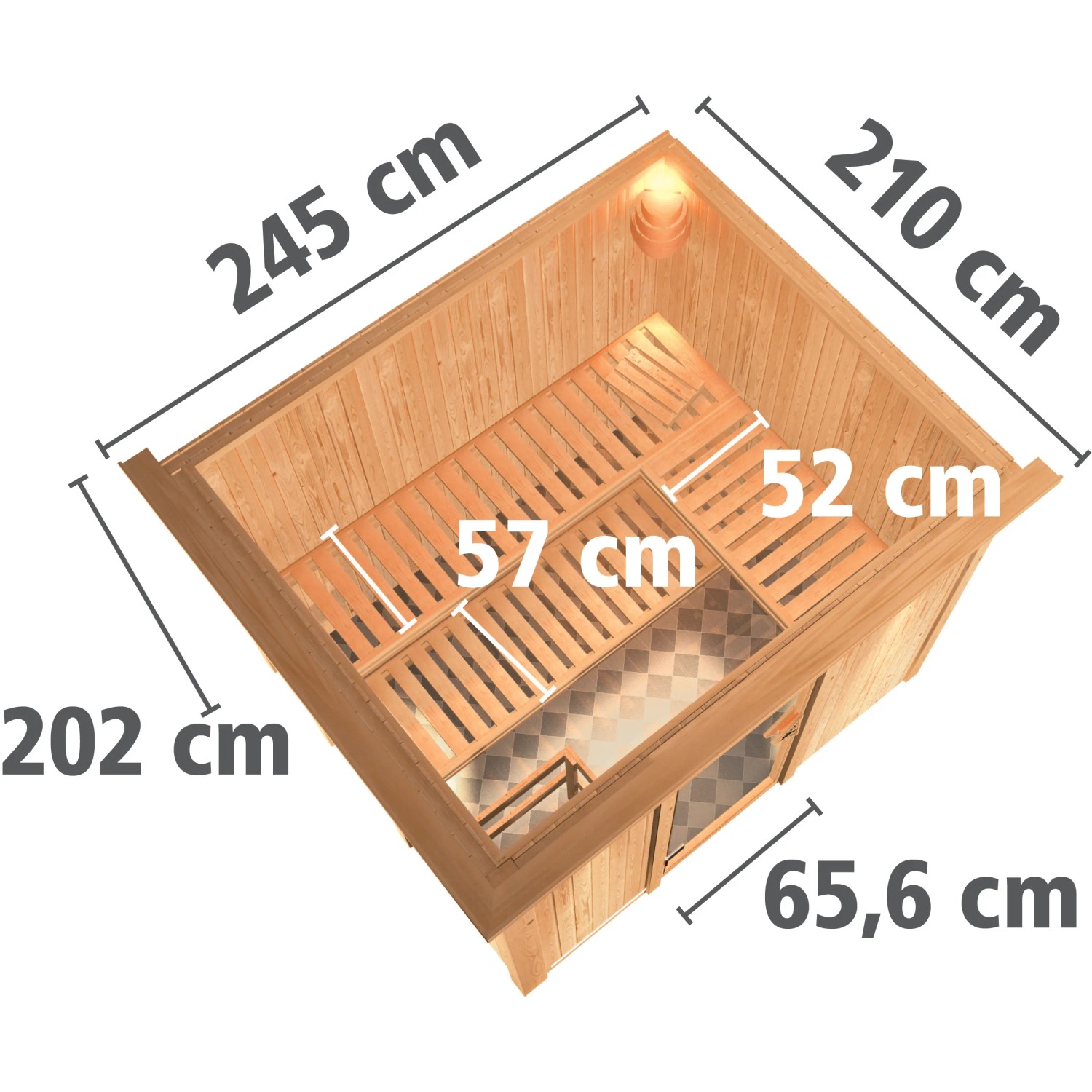 Karibu Sauna Gunda mit Ofen, naturbelassene Holzsauna mit Maßen und Liegen, Aufsicht.