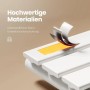 Nahaufnahme des weißen Emke Badheizkörpers, zeigt Materialschichten und Rostschutz für langlebigen Stahl.