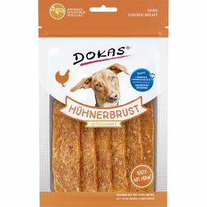 Dokas Hühnerbrust getrocknet, 70g. Hunde-Snack aus 100% Hühnchen, fettarm und schonend getrocknet.