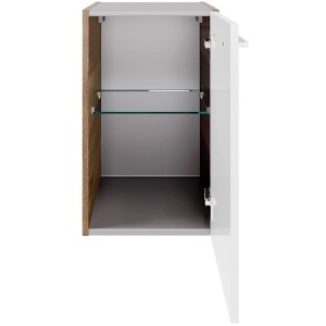 Fackelmann Waschtisch-Unterbauschrank Verona, Nussbaum/Weiß Hochglanz, mit Tür rechts und Einlegeboden.