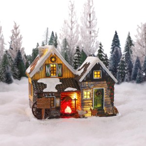 Beleuchtete Hühnerfarm als Weihnachtsdeko mit Lagerfeuer und Hühnern, 19,5x14,5x15,5cm.