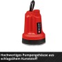 Einhell Akku-Klarwasserpumpe GE-SP 18 Li Solo, rote Gartenpumpe mit schwarzem Kabel.