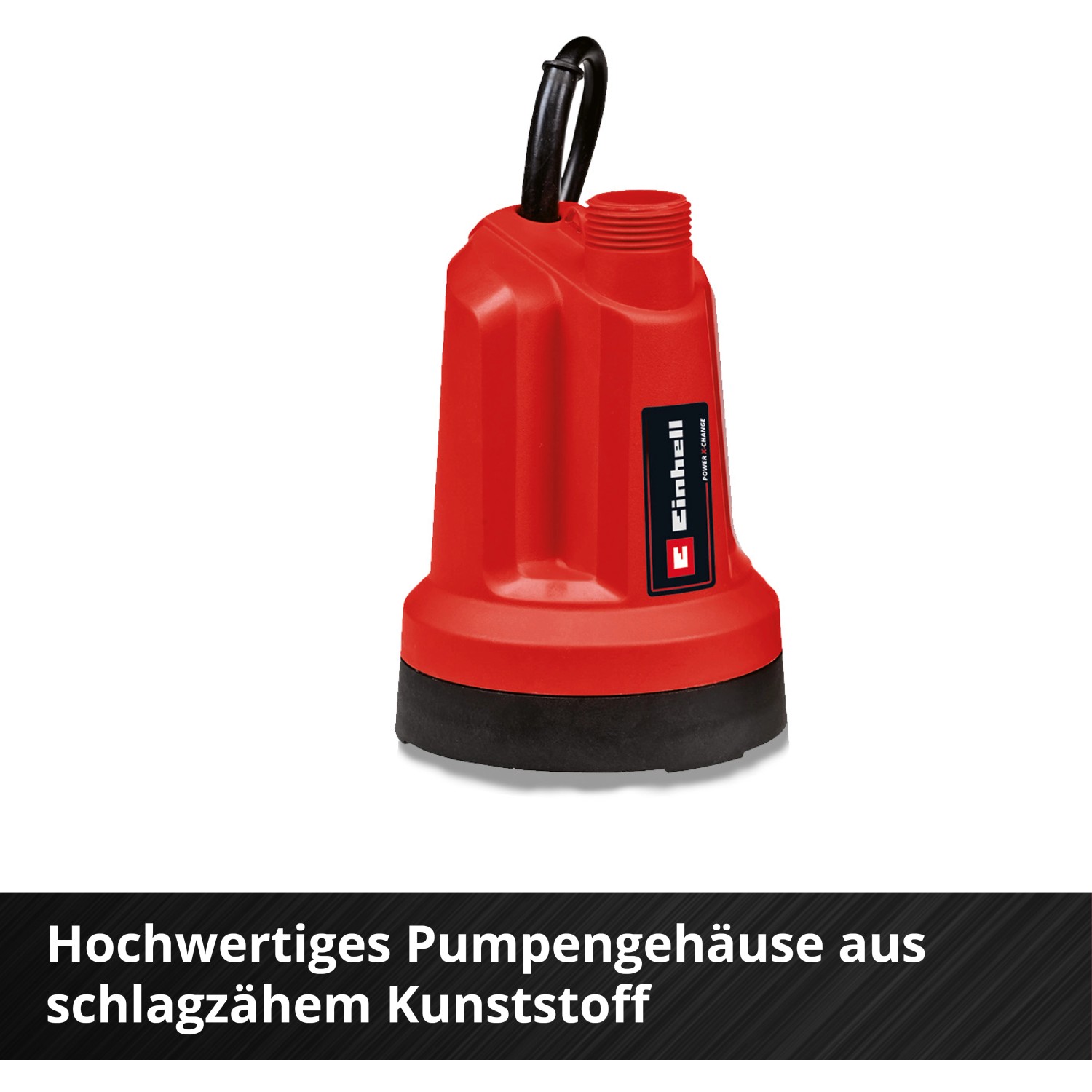 Einhell Akku-Klarwasserpumpe GE-SP 18 Li Solo, rote Gartenpumpe mit schwarzem Kabel.