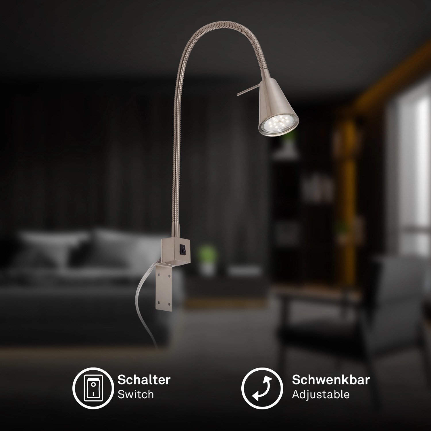 Schwenkbare LED Bettleuchte Tuso in Matt-Nickel. Flexibles Leselicht für Schlafzimmer.