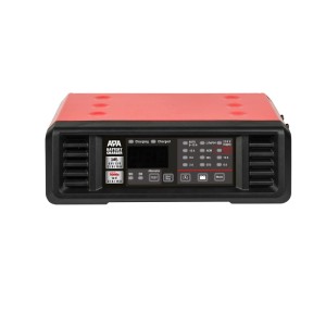 Rotes, digitales APA Werkstattladegerät 6/12 V 15 A mit Display und Bedienelementen für Autobatterien.