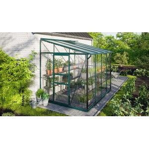 Vitavia Anlehngewächshaus Ida 5200 in Smaragd mit Pflanzen und Regalen an Hauswand.