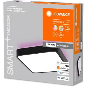 Verpackung der Ledvance Smart+ WiFi Deckenleuchte Orbis Backlight, 35x35 cm, dimmbar und mit RGB.