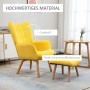 Gelber HOMCOM Armlehnstuhl mit Hocker in Cord-Optik, Holzbeinen und dicker Polsterung. Gemütlicher Sessel.