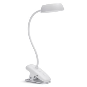 Weiße Philips LED-Tischleuchte Donutclip mit Akku und Klemmfuß.