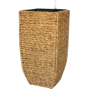 Hohe, naturfarbene Pflanzsäule (75,5 cm) aus Polyrattan mit Bewässerungssystem und Wasserstandsanzeige.