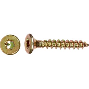 Goldene Universalschraube mit Flachsenkkopf und TX-Antrieb aus verzinktem Stahl.