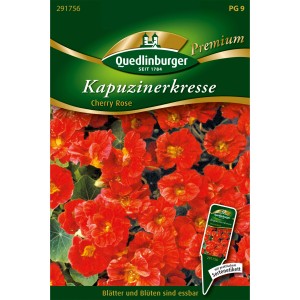 Samentüte Quedlinburger Kapuzinerkresse Cherry Rose mit kirschroten, essbaren Blüten.