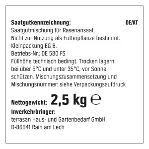 Verpackung OBI Strapazier-Rasen 2,5 kg. Saatgutmischung für robusten, strapazierfähigen Rasen.
