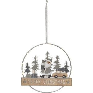 Weihnachtsdeko: Metallring mit Holzszene (Weihnachtsmann, Tannen, Auto) und LED-Beleuchtung.